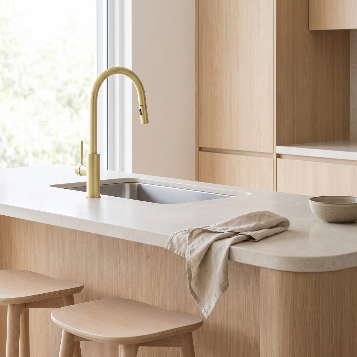 Porto Pull-Out Kitchen Mixer in Brushed Brass, on a pale stone kitchen island with oak cabinetry and timber stools