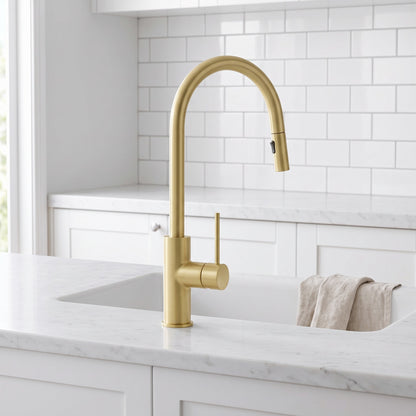 Porto Pull-Out Kitchen Mixer in Brushed Brass in a kitchen