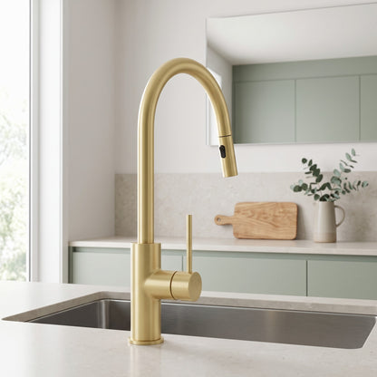 Porto Pull-Out Kitchen Mixer in Brushed Brass in a kitchen