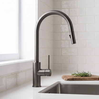 Porto Pull-Out Kitchen Mixer in Brushed Gunmetal in a kitchen