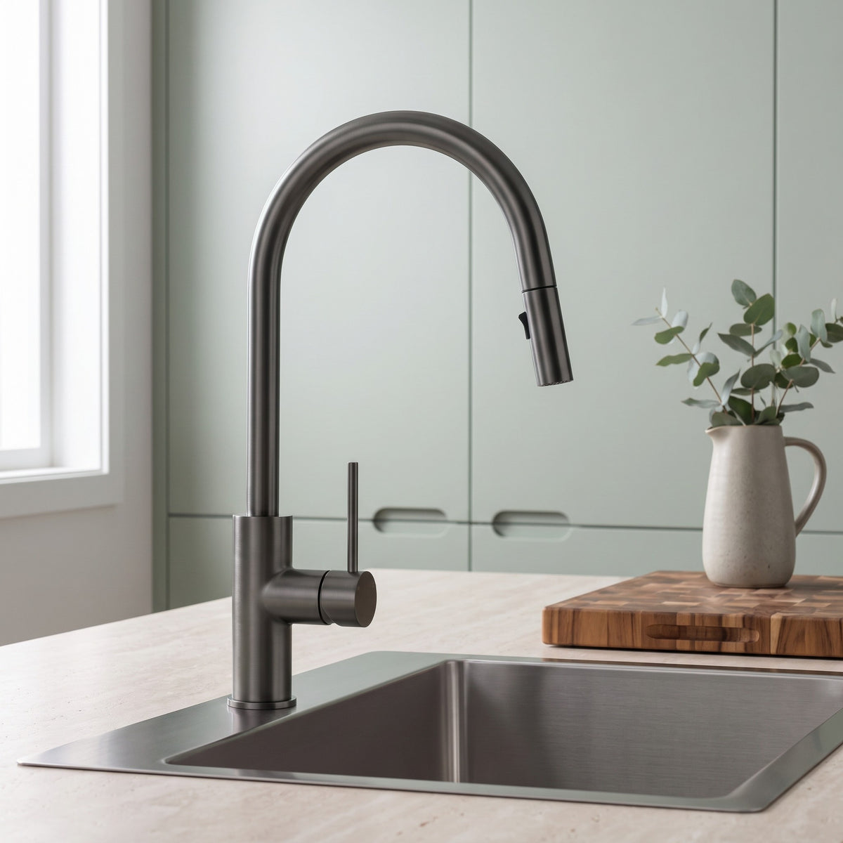 Porto Pull-Out Kitchen Mixer in Brushed Gunmetal in a kitchen