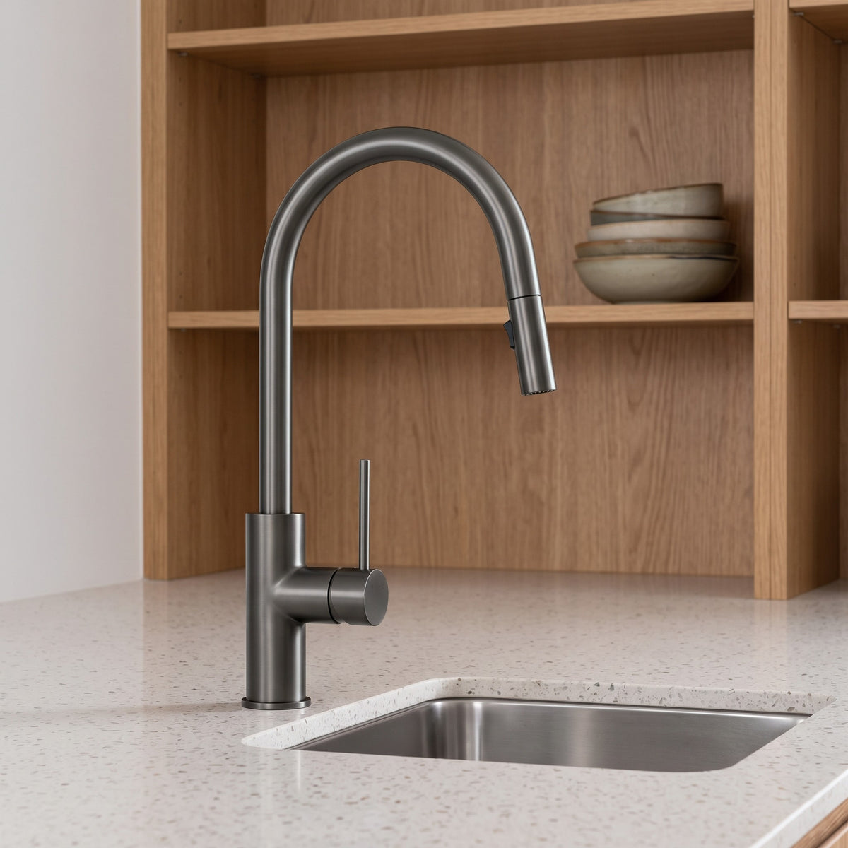 Porto Pull-Out Kitchen Mixer in Brushed Gunmetal in a kitchen
