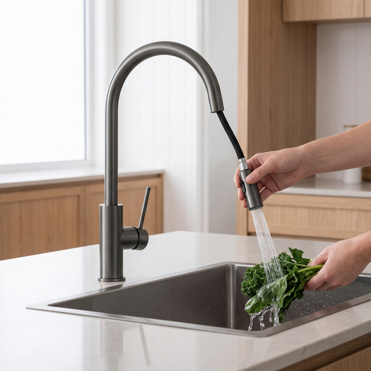 Porto Pull-Out Kitchen Mixer in Brushed Gunmetal in use in a kitchen