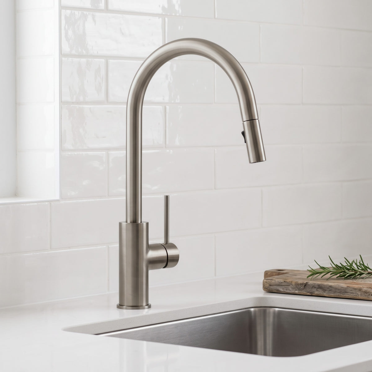 Porto Pull-Out Kitchen Mixer in Brushed Nickel in a kitchen