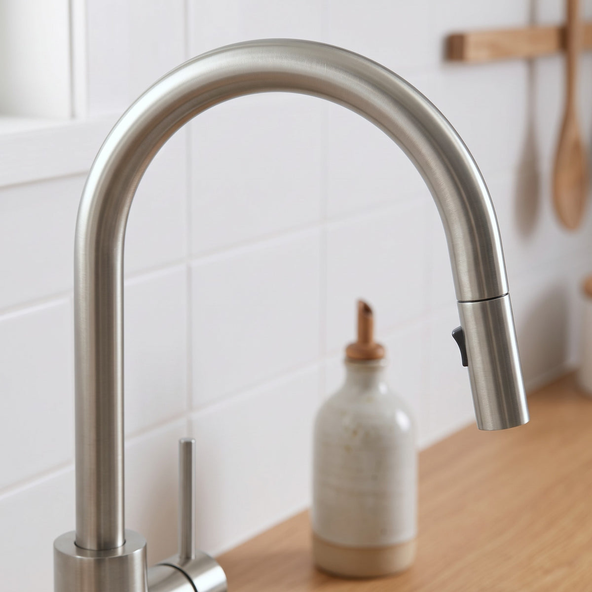 Close-up of the Porto Pull-Out Kitchen Mixer in Brushed Nickel