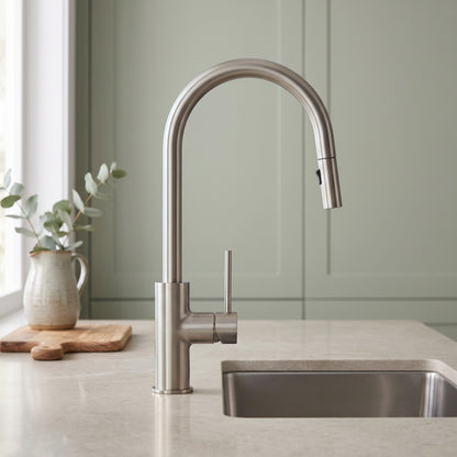 Porto Pull-Out Kitchen Mixer in Brushed Nickel in a kitchen