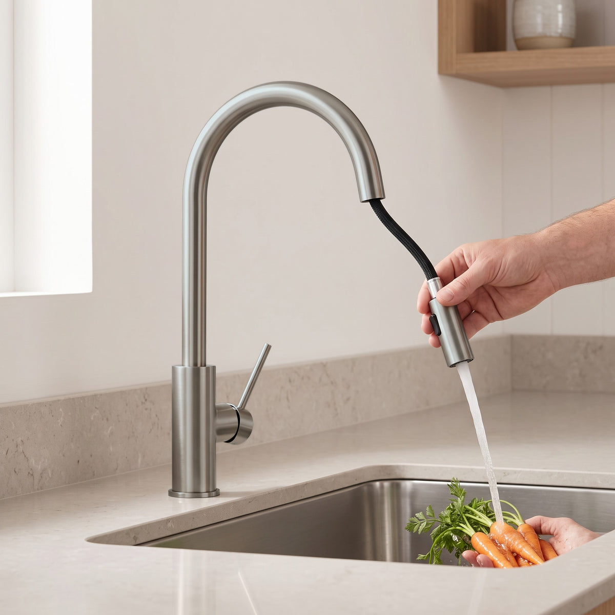 Porto Pull-Out Kitchen Mixer in Brushed Nickel in use in a kitchen