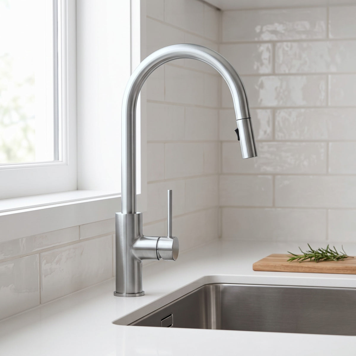 Porto Pull-Out Kitchen Mixer in Chrome in a kitchen