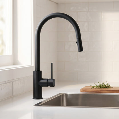Porto Pull-Out Kitchen Mixer in Matte Black in a kitchen
