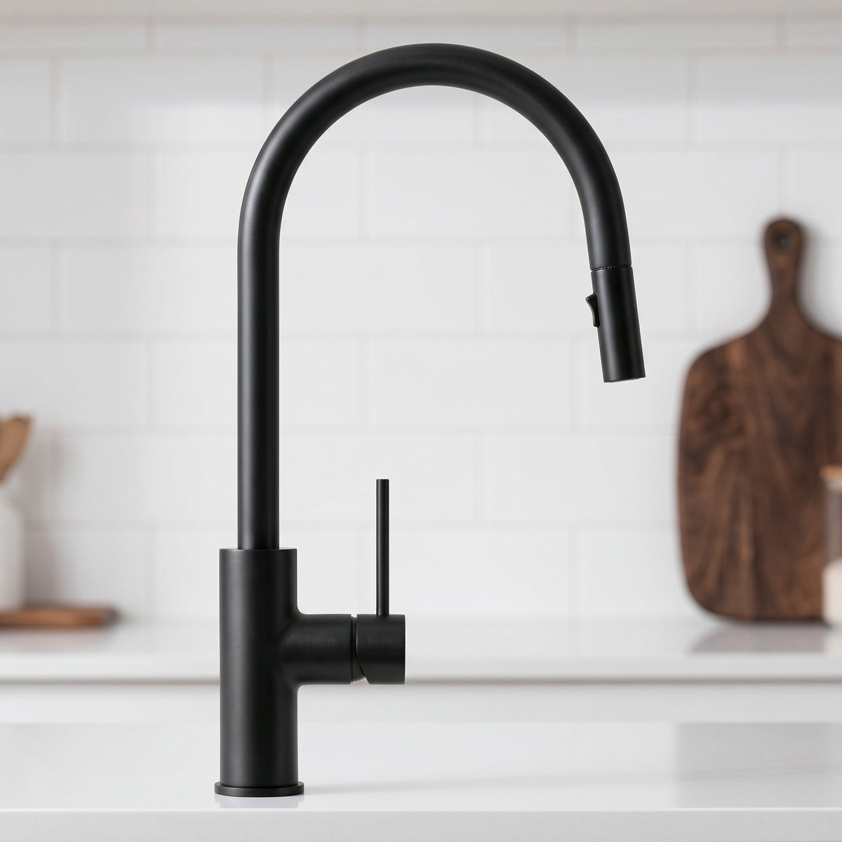 Close-up of the Porto Pull-Out Kitchen Mixer in Matte Black