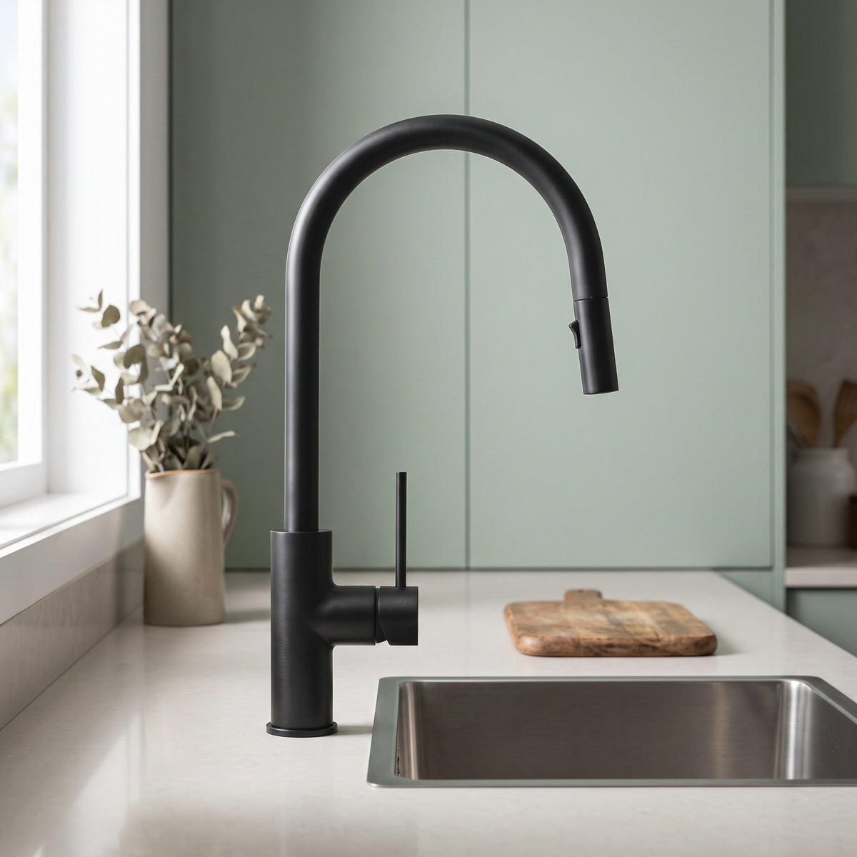 Porto Pull-Out Kitchen Mixer in Matte Black in a kitchen
