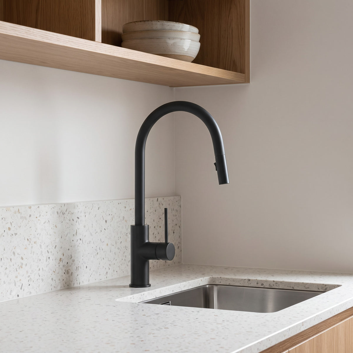 Porto Pull-Out Kitchen Mixer in Matte Black in a kitchen
