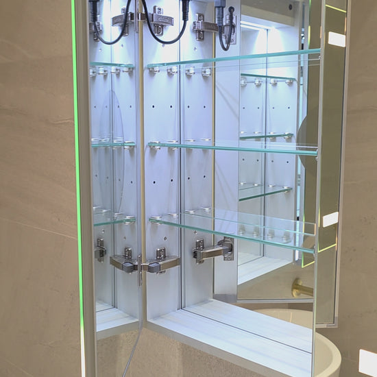 Frameless LED mirror cabinet with demister and adjustable glass shelves