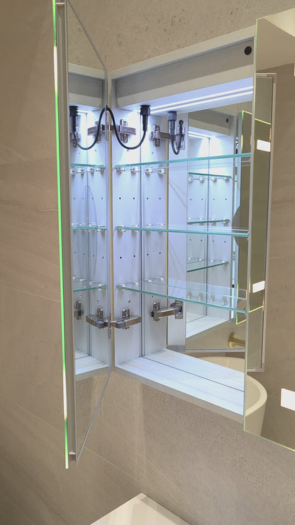 Frameless LED mirror cabinet with demister and adjustable glass shelves