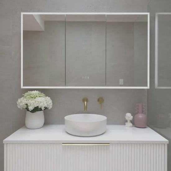 Video demonstration of three door frameless LED bathroom mirror cabinet
