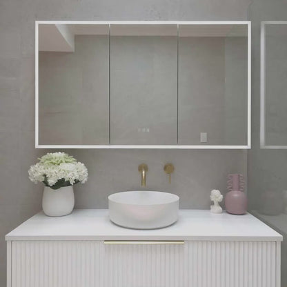 Video demonstration of three door frameless LED bathroom mirror cabinet