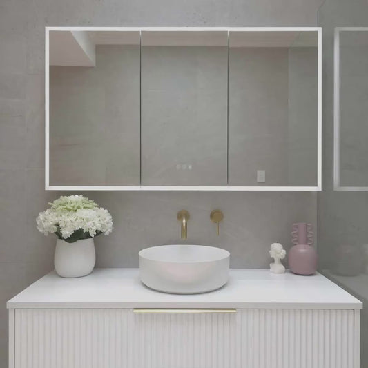 Video demonstration of three door frameless LED bathroom mirror cabinet