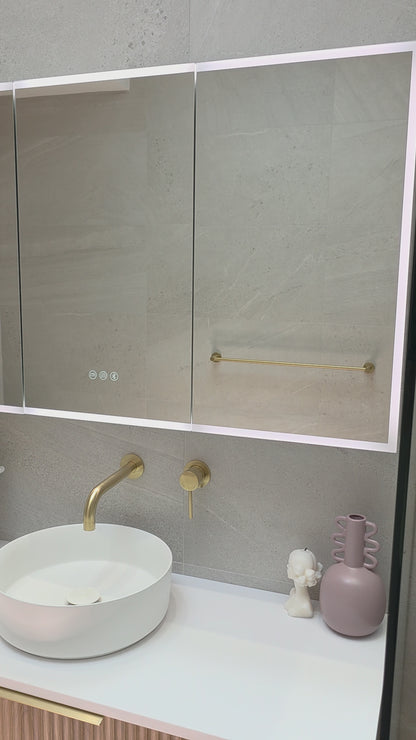 Video demonstration of frameless LED bathroom mirror cabinet exterior side angle by Invogue