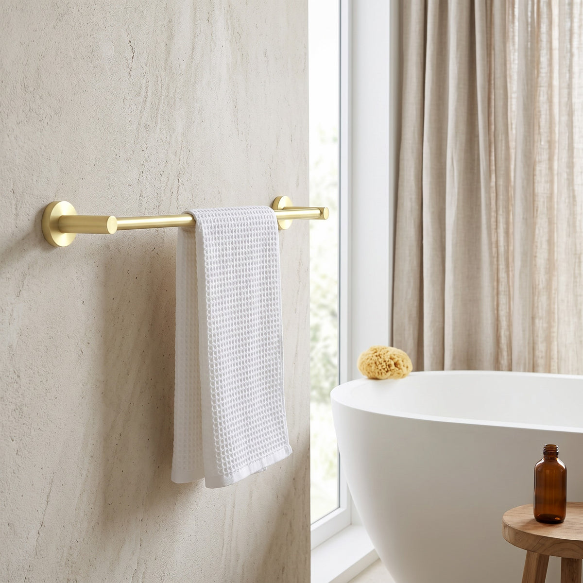 Provence 600mm Single Towel Rail in Brushed Brass in a bathroom