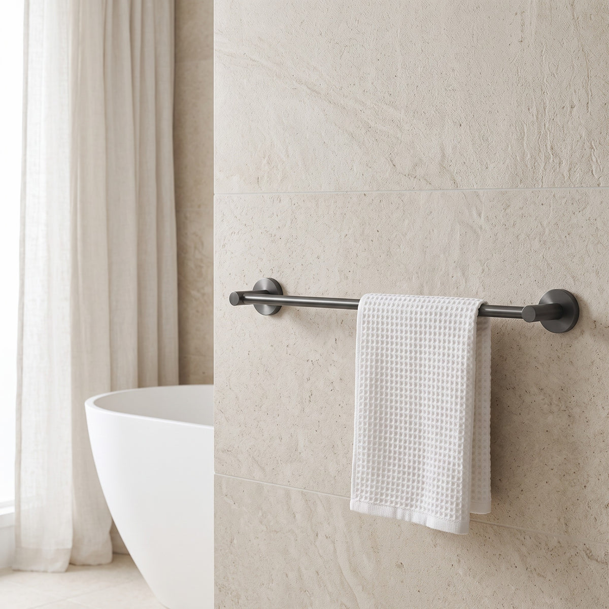 Provence 600mm Single Towel Rail in Brushed Gunmetal in a bathroom