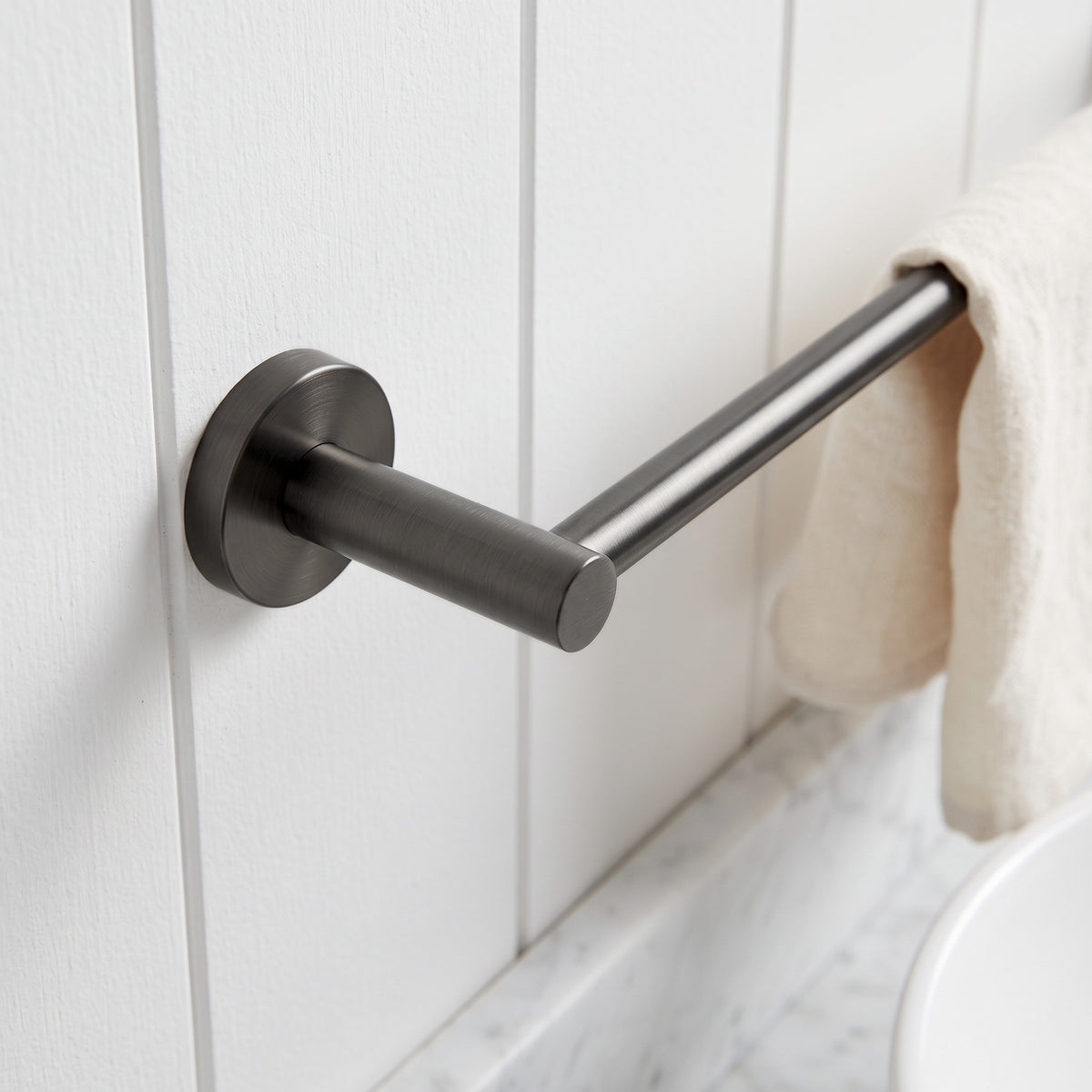 Close-up of the Provence 600mm Single Towel Rail in Brushed Gunmetal