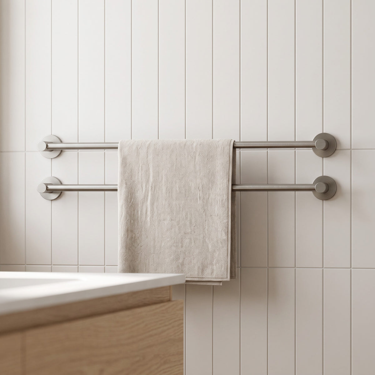 Provence 600mm Single Towel Rail in Brushed Nickel in a bathroom