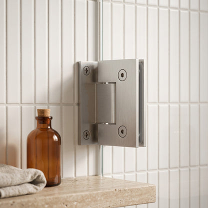 Rennes Shower Hinge Glass to Wall in Brushed Nickel on a glass shower screen
