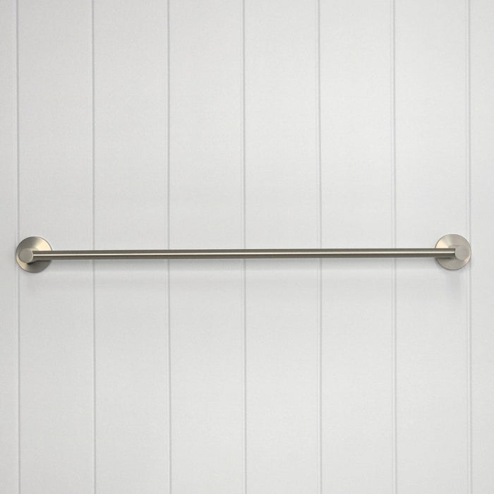 Provence 600mm Single Towel Rail in Brushed Nickel, front view of the rail and round mounts, white vertical-panelled wall