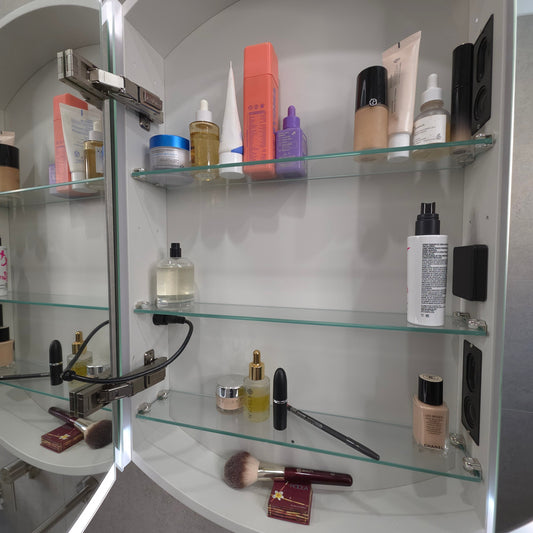 Inside view of Round frameless LED bathroom mirror with bluetooth speakers by Invogue