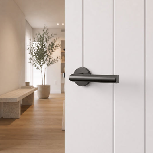 Santorini Door Handle in Brushed Gunmetal on an interior door