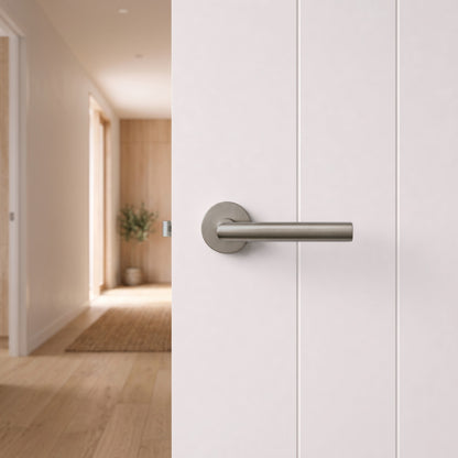 Santorini Door Handle in Brushed Nickel on an interior door