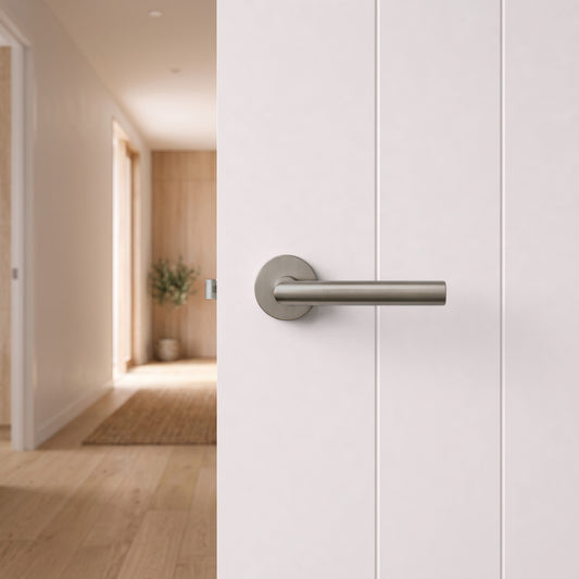 Santorini Door Handle in Brushed Nickel on an interior door