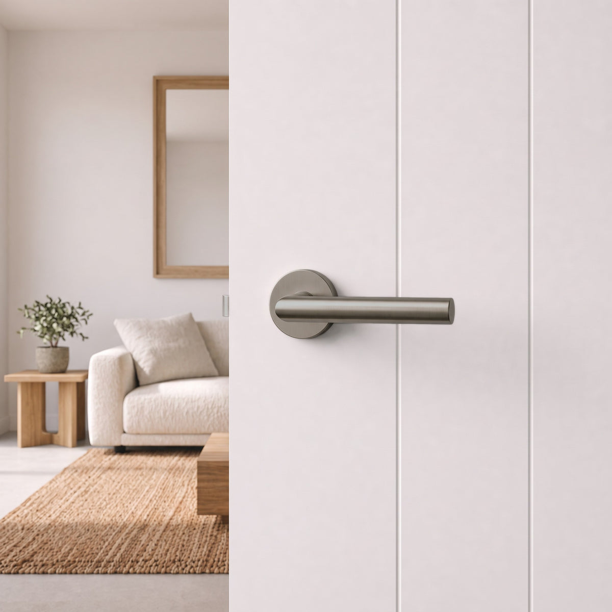 Santorini Door Handle in Brushed Nickel on an interior door