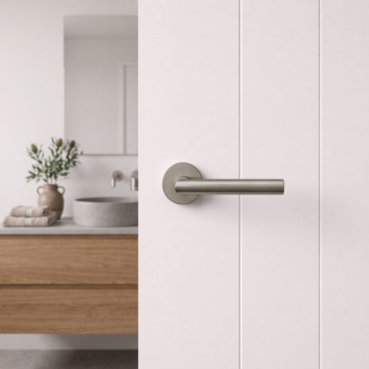 Close-up of the Santorini Door Handle in Brushed Nickel