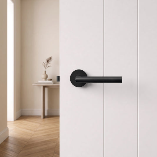 Santorini Door Handle in Matte Black on an interior door