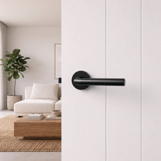 Santorini Door Handle in Matte Black on an interior door