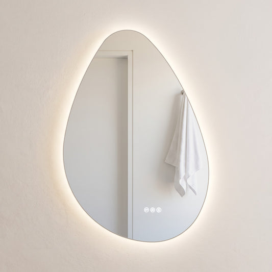 The Sorrento frameless backlit LED mirror, 550 x 800mm portrait, straight-on with a warm LED halo and touch controls
