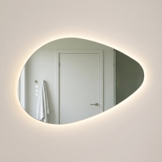 The Sorrento frameless backlit LED mirror, 800 x 550mm, straight-on with a warm LED halo and three touch controls on the glass