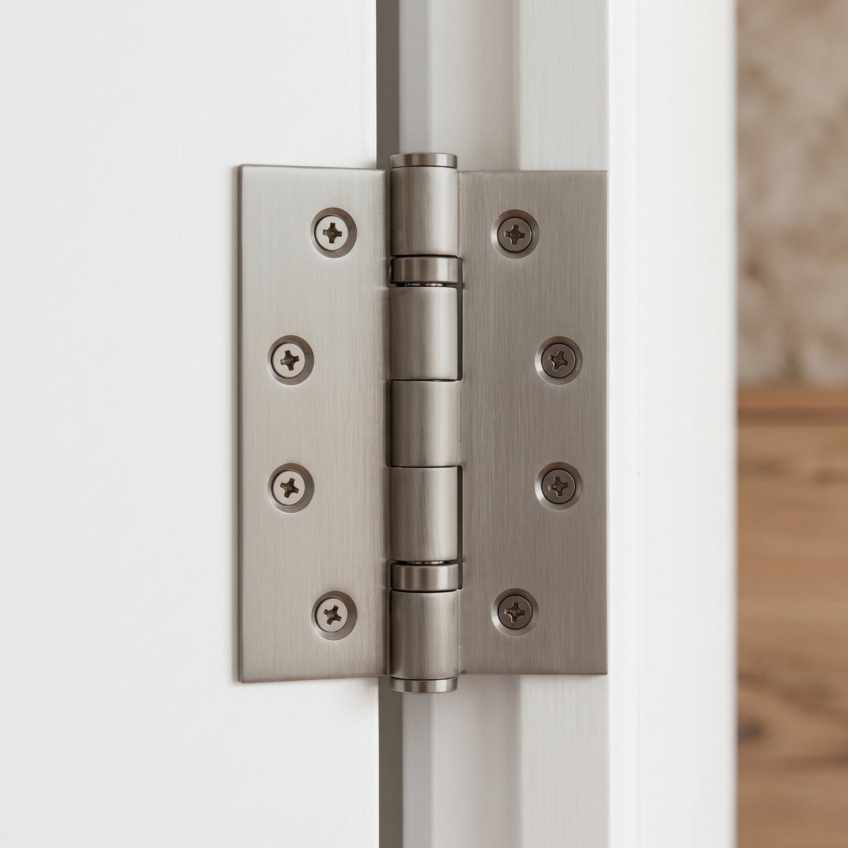 Close-up of the Venezia Door Butt Hinge in Brushed Nickel
