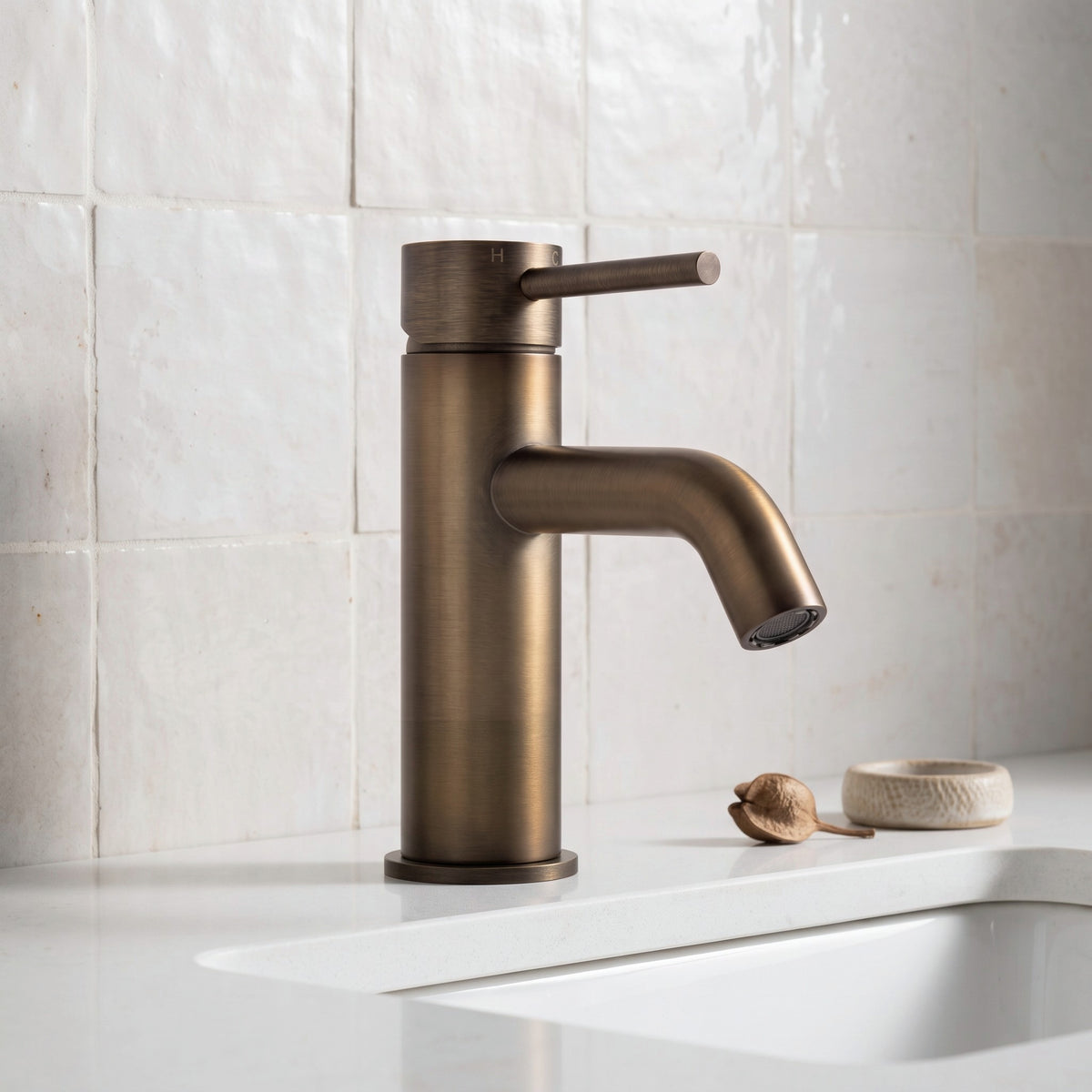 Close-up of the Vienna Short Basin Mixer in Antique Brass