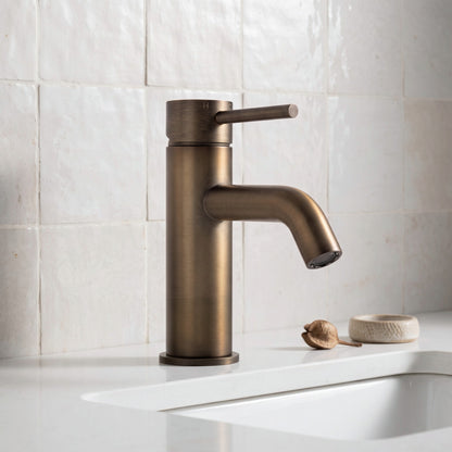 Close-up of the Vienna Short Basin Mixer in Antique Brass