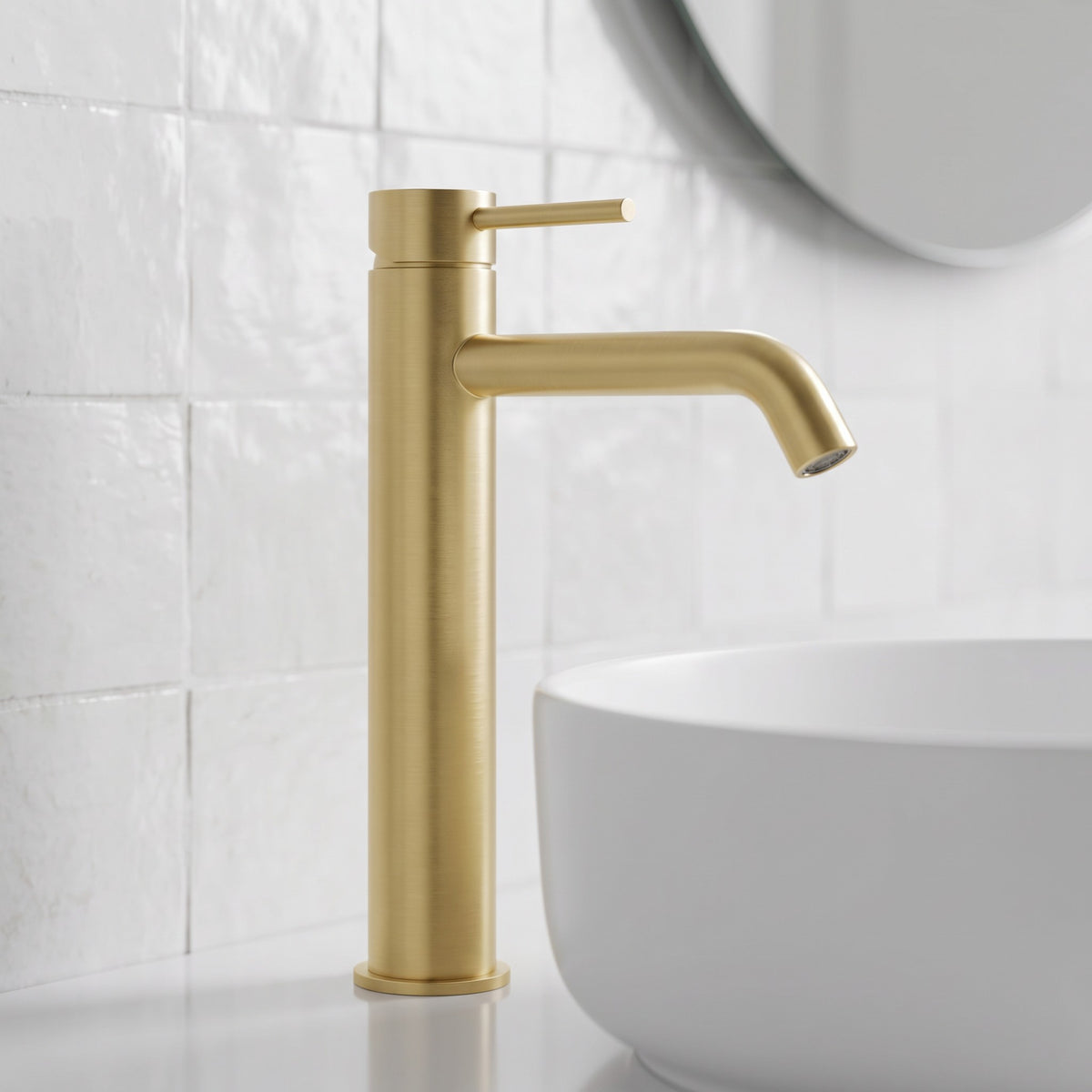 Close-up of the Vienna Tall Basin Mixer in Brushed Brass