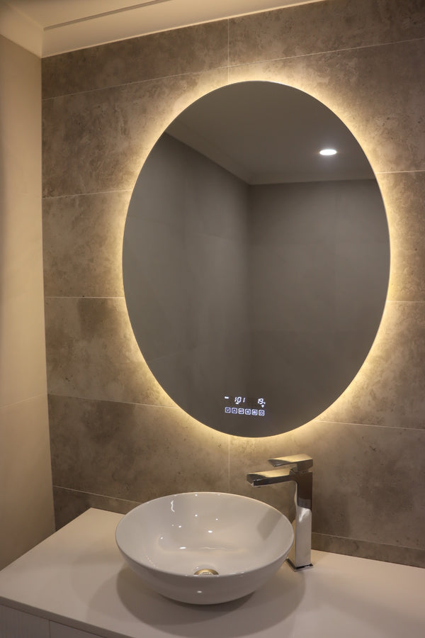 Tranquil ambiance with Oval Smart Backlit LED Mirror on Yellow light mode