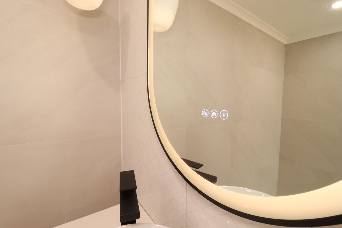 Triple-Touch Smart LED Mirror in Cream Themed Powder Room