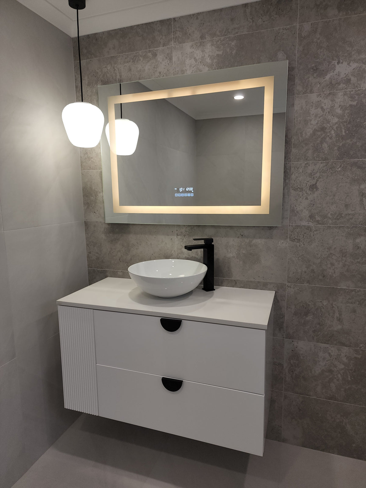 Vanity Area in Dirty Greyish Theme Bathroom Parading Rectangle Front-Lit Smart LED Mirror