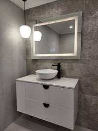 Vanity Area in Dirty Grey Bathroom with Front-Lighted LED Mirror, Pendant Light, and Cabinet