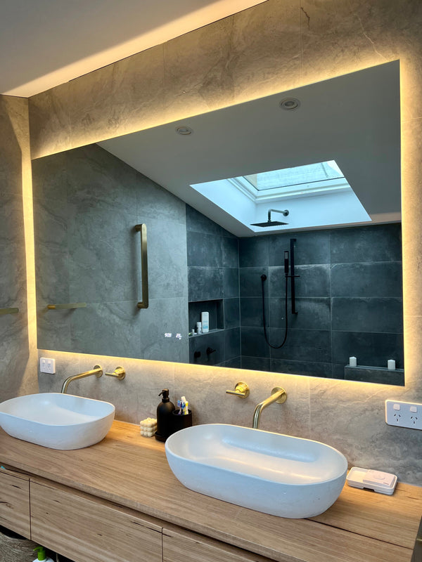 Modern LED Mirror with Yellow Light Mode in White, Light Grey and Light Brown Themed Bathroom