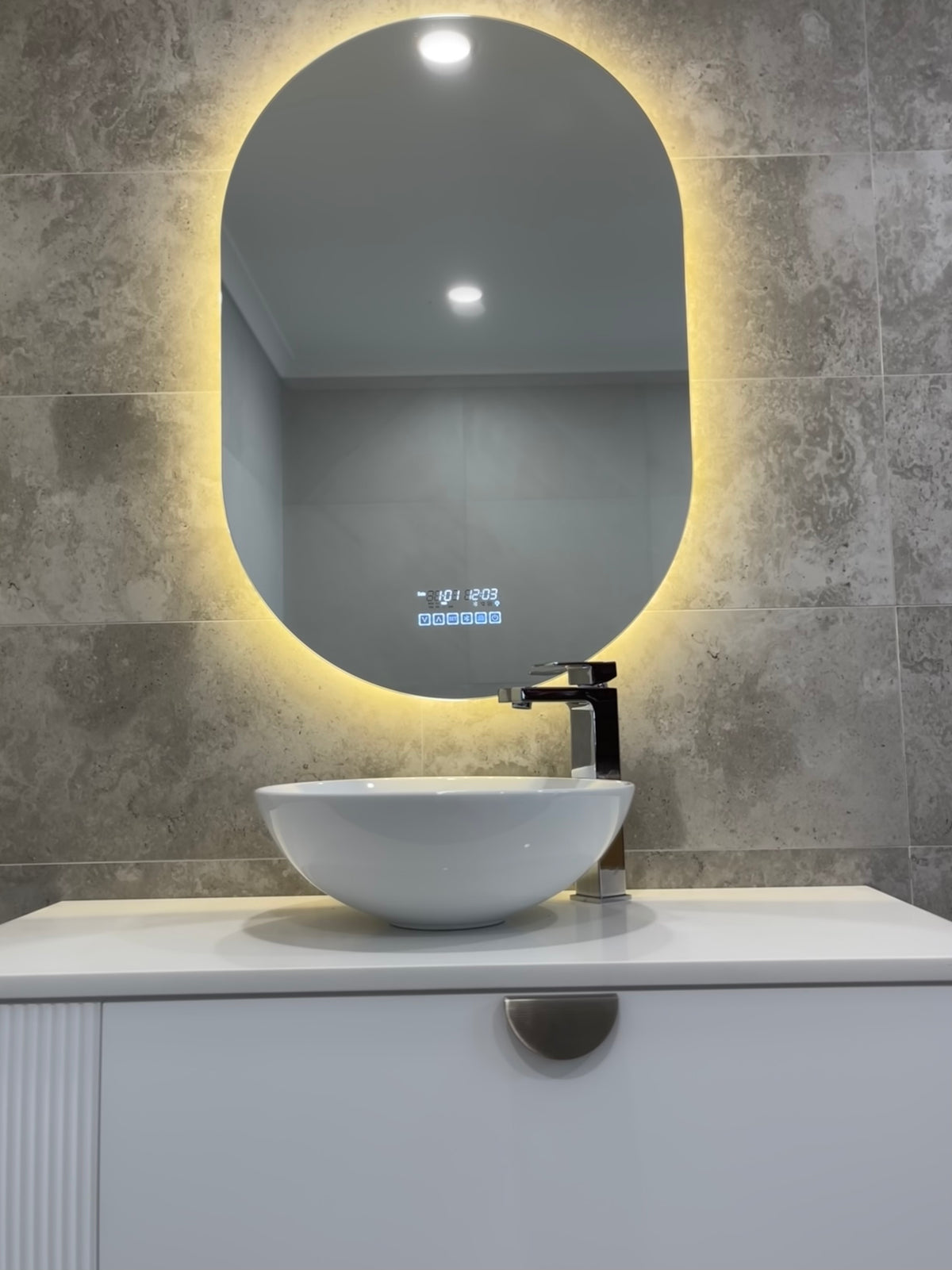 Warm Yellow Light Smart LED Mirror in Sleek Contemporary Washroom