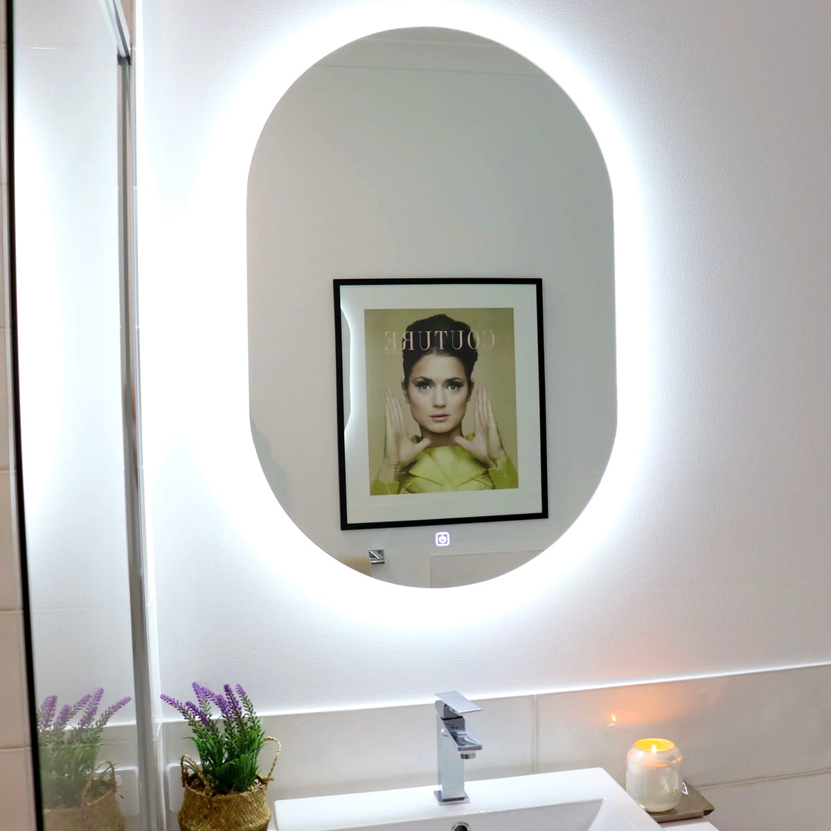 White-Lit LED Mirror Enhancing All-White Bathroom